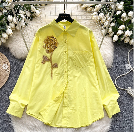 Women's European Chic Streetwear Shirt Sequins 3D Floral
